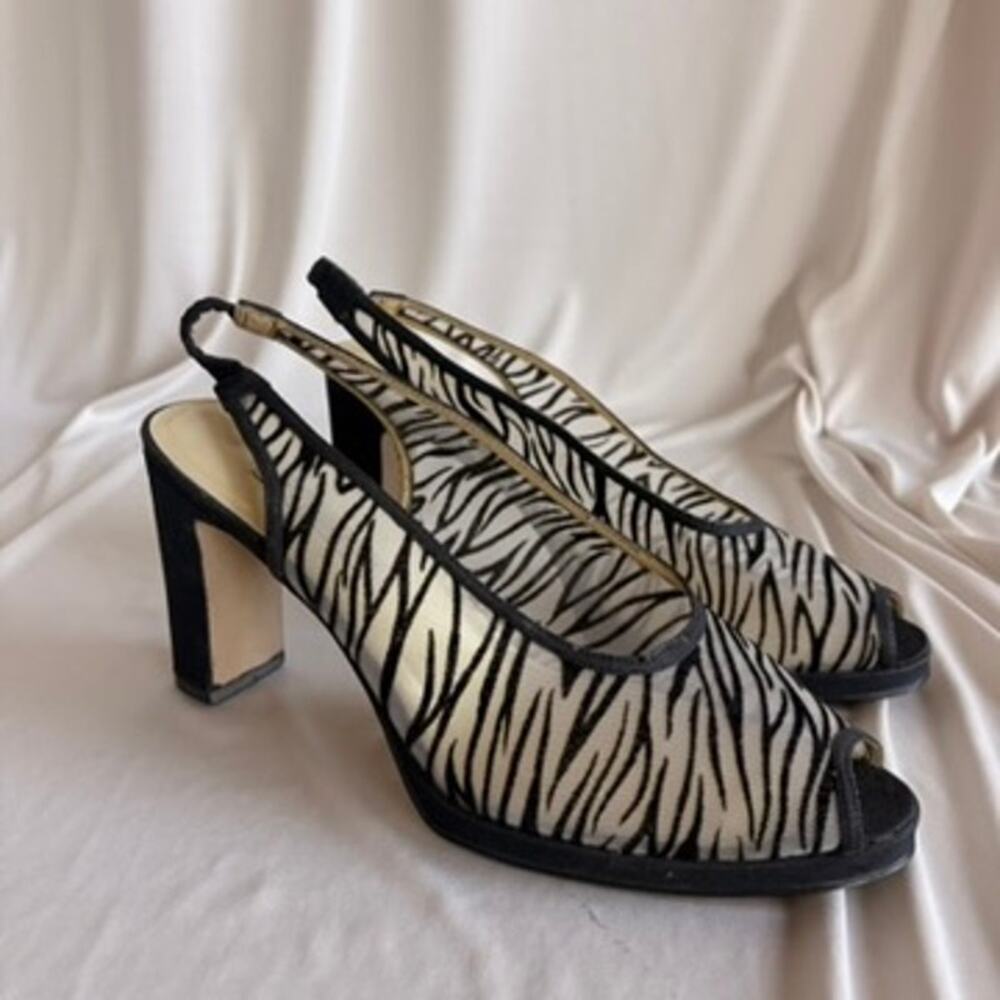 Ann Marino Zebra Mesh Pumps - Open Toe, Block Heel, Slingback, Size 9